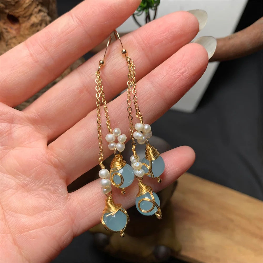 Vintage Chinese Jade Pearl Tassel Drop Earrings