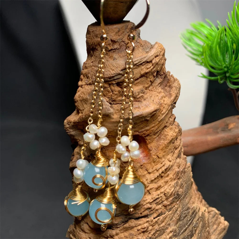 Vintage Chinese Jade Pearl Tassel Drop Earrings