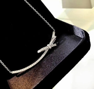 Charm Bowknot Diamond cz Pendant Real 925 Sterling Silver choker Necklace