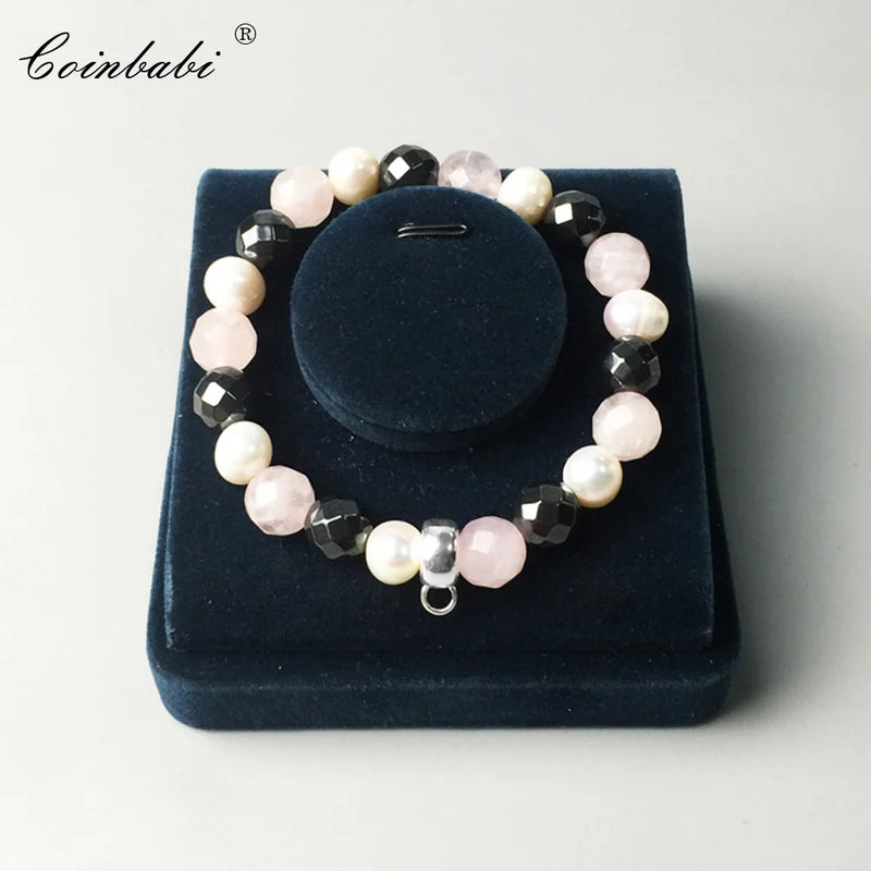 Pink Grey Freshwater Pearl Charm Carrier Bracelet for Women