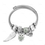 Rhinestone Owl Charm Bracelet Stainless Steel Bead Bracelet