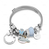 Rhinestone Owl Charm Bracelet Stainless Steel Bead Bracelet