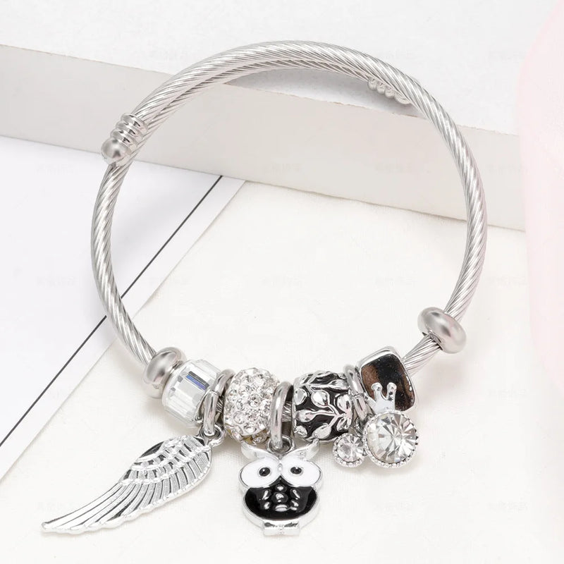 Rhinestone Owl Charm Bracelet Stainless Steel Bead Bracelet