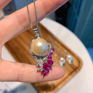 Charm Created Ruby 14mm Big Pearl Pendant Necklace for Women