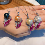 Charm Created Ruby 14mm Big Pearl Pendant Necklace for Women