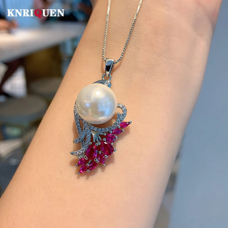 Charm Created Ruby 14mm Big Pearl Pendant Necklace for Women