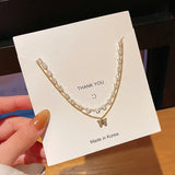 Double Layer Butterfly Crystal Pendant Necklace for Women