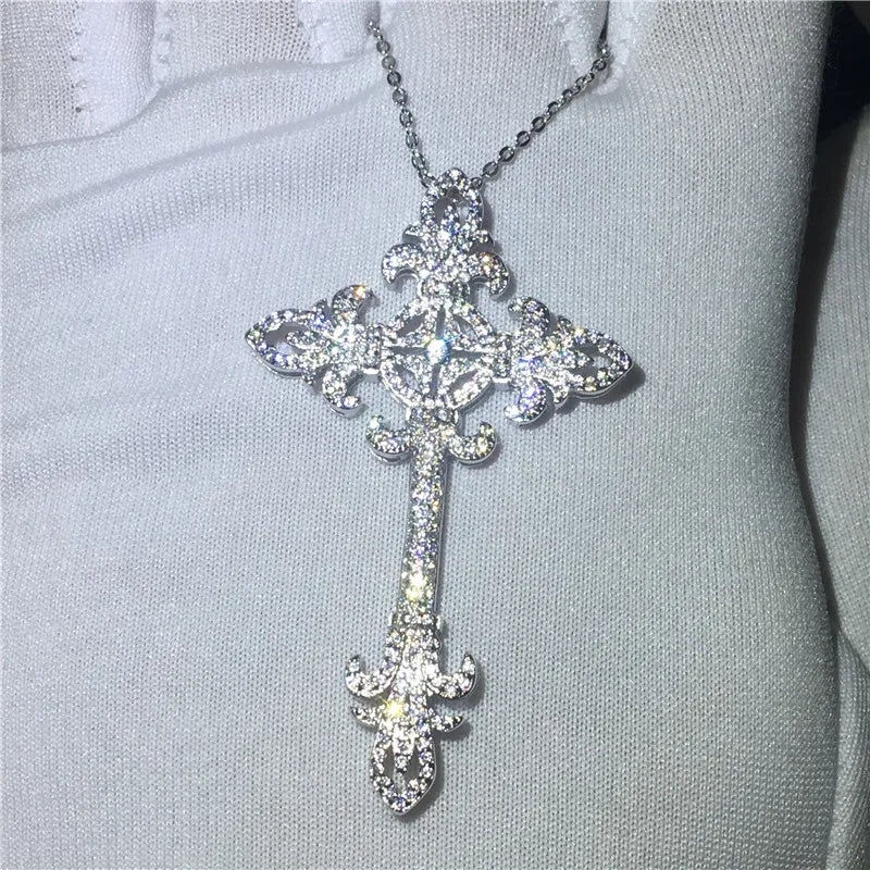 Flower Cross Pendant AAAAA cz Silver Statement Cross Pendant necalace