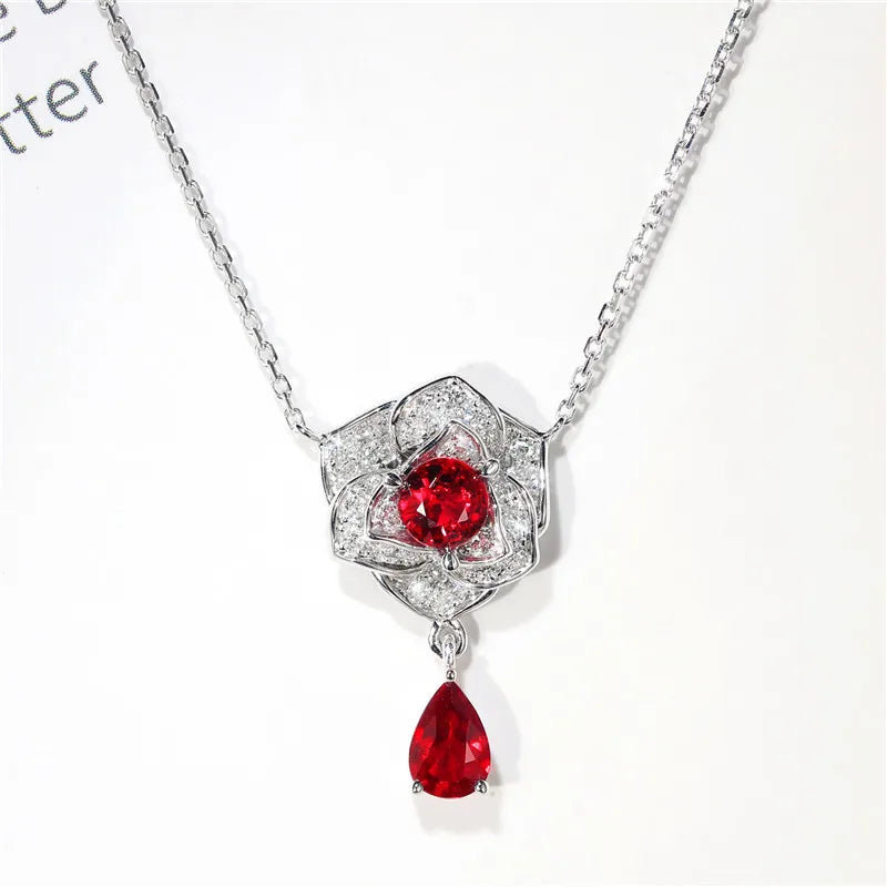Flower Ruby Diamond cz Pendant 925 Sterling Silver Wedding Necklace