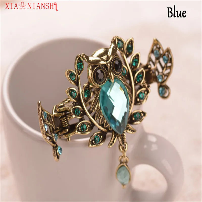 Metal Owl Crystal Stone Claw Clip Vintage Hair Accessory