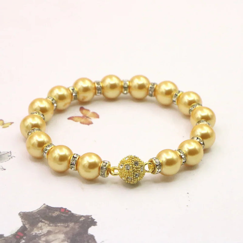 Golden Pearl Bracelet for Women 10mm Shell Beads Magnet Buckle Gift Jewelry