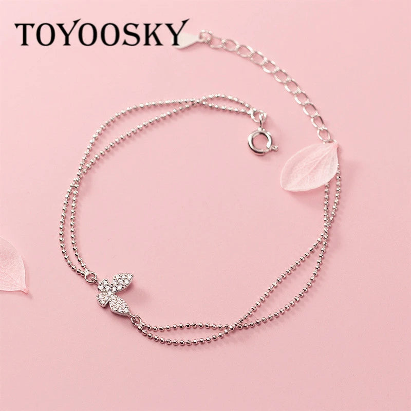 925 Silver Zircon Butterfly Bracelet Two Layers Women Friendship