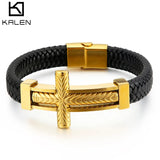 Men's Stainless Bangle Bracelet Vintage Cross Ethiopian Leather Cowhide