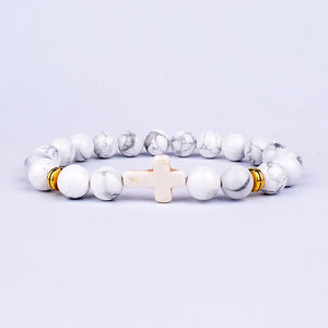 Natural Stone Cross Bracelet Faith Beads Prayer Fitness Couple Jewelry