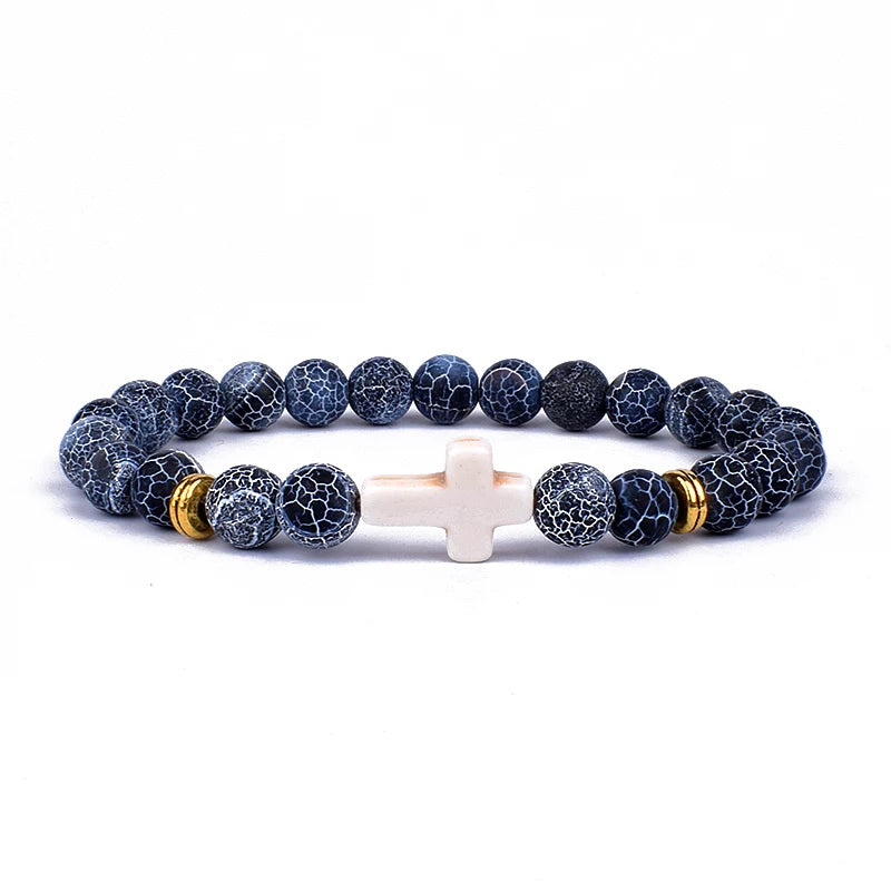Natural Stone Cross Bracelet Faith Beads Prayer Fitness Couple Jewelry