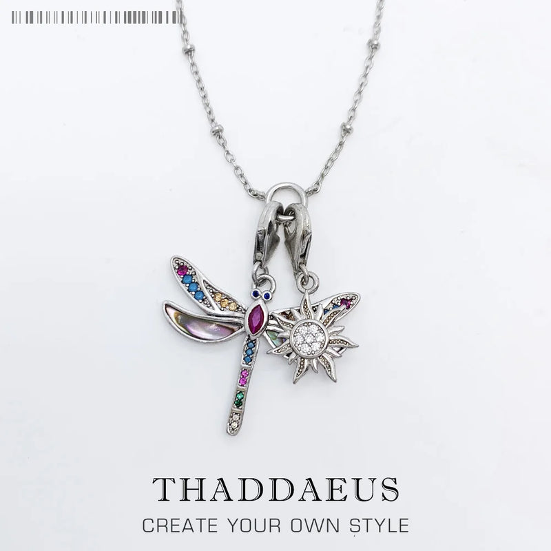 Dragonfly & Sun Charm Necklace, Winter Bohemia Jewelry