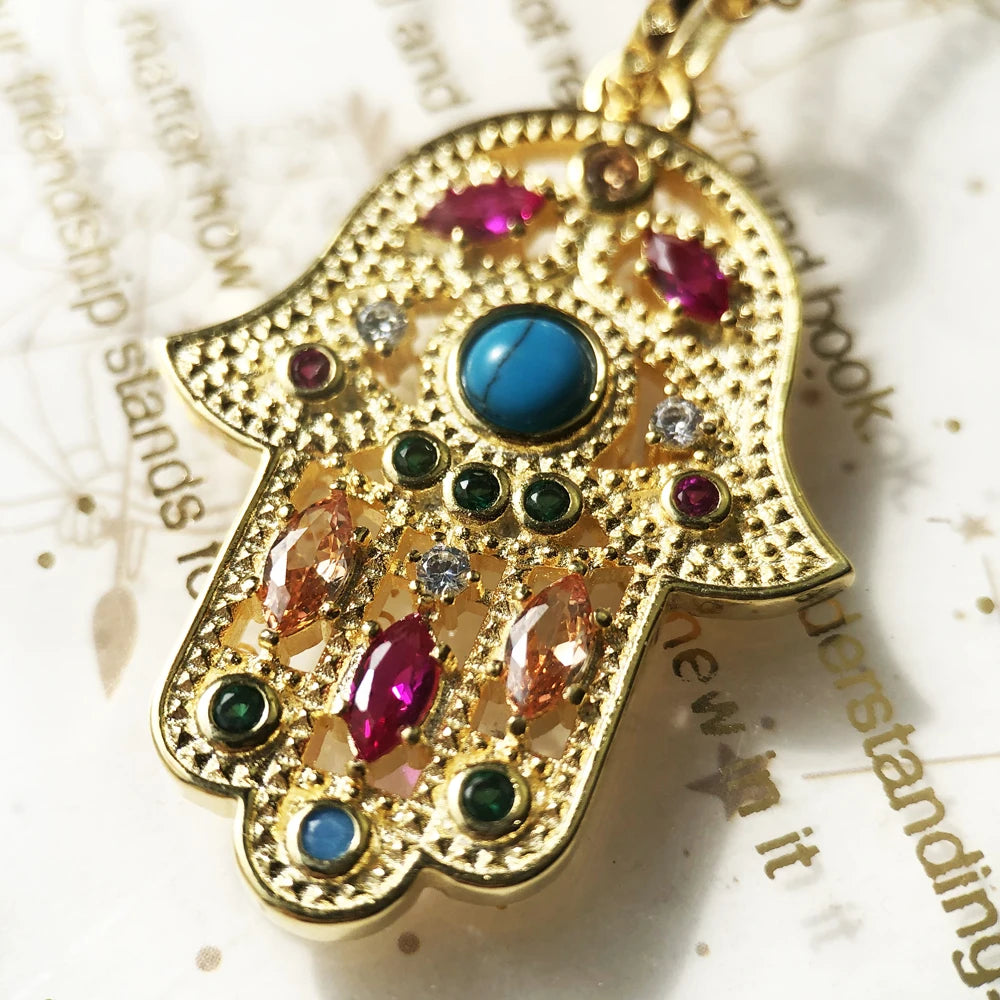 Vintage Hand of Fatima Charm Necklace 925 Silver Turquoise Gift