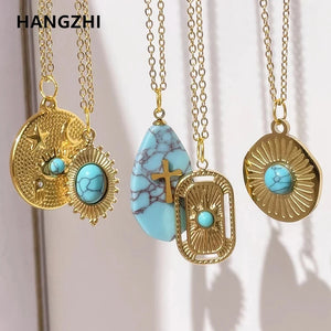 Green Stone Water Drop Necklace Sun Cross Pendant Stainless Steel Jewelry