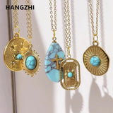 Green Stone Water Drop Necklace Sun Cross Pendant Stainless Steel Jewelry