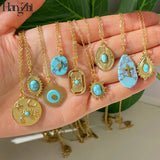 Green Stone Water Drop Necklace Sun Cross Pendant Stainless Steel Jewelry