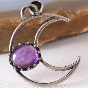 Purple Crystal Oval Bead Half Moon Necklace Pendant