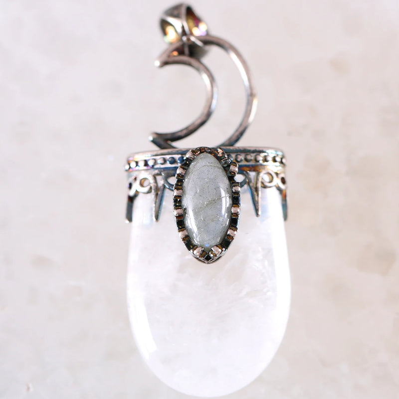 Labradorite Oval Charm Necklace Pendant Antique Crown Half Moon Jewery Gift
