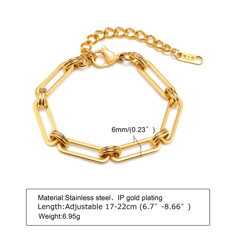 Charm Paperclip Chain Bracelet, Rectangular Link Stainless Steel Bangle