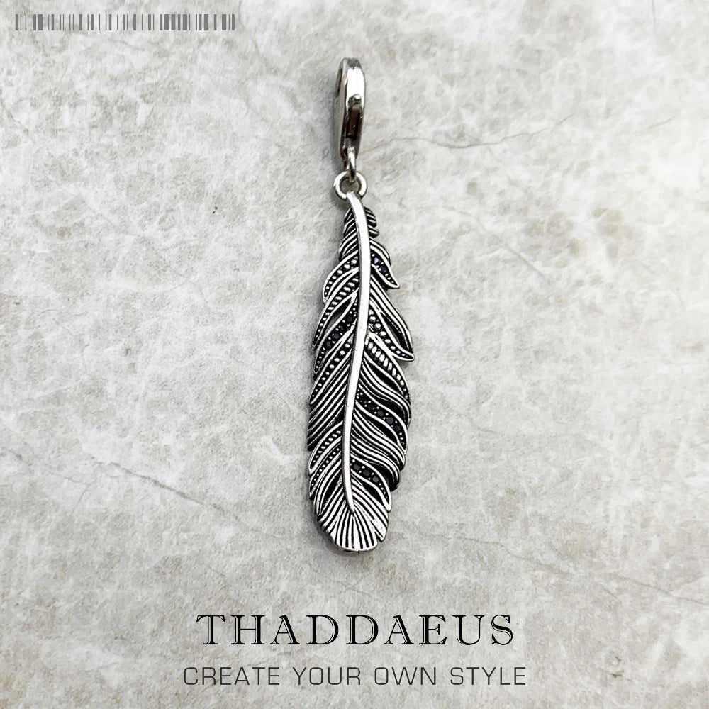 Feather Charm Pendant Europe Style Jewelry Vintage Gift 925 Sterling Silver