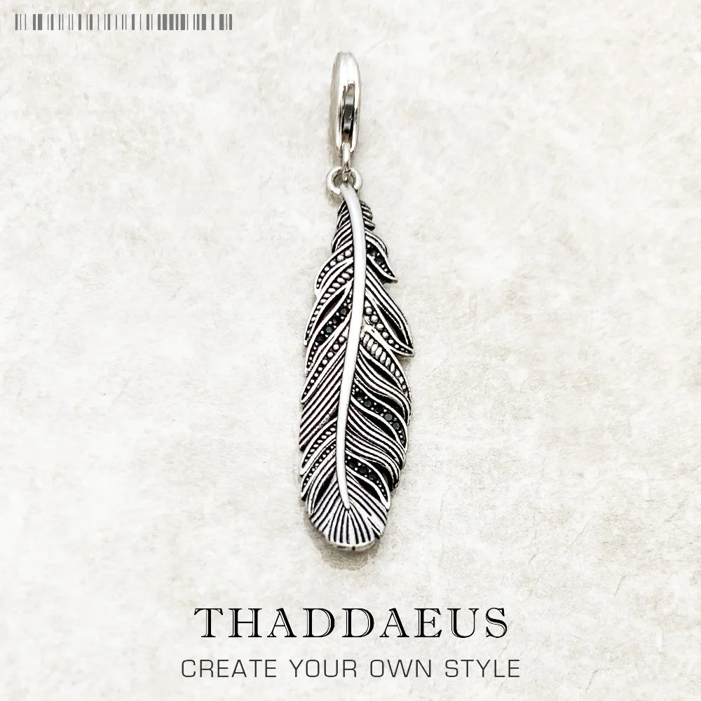 Feather Charm Pendant Europe Style Jewelry Vintage Gift 925 Sterling Silver