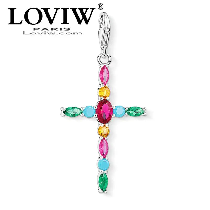 Colorful Cross Charm Pendant Silver-Plate Bracelet Gift