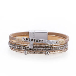 Pink Leather Bracelet for Women Crystal Chain Wrap Boho Multilayer Jewelry