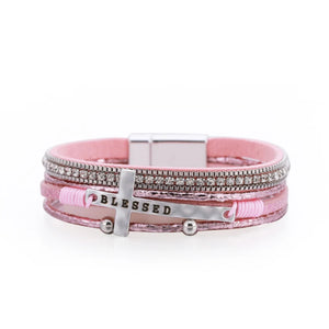 Pink Leather Bracelet for Women Crystal Chain Wrap Boho Multilayer Jewelry