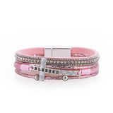 Pink Leather Bracelet for Women Crystal Chain Wrap Boho Multilayer Jewelry