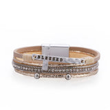 Pink Leather Bracelet for Women Crystal Chain Wrap Boho Multilayer Jewelry