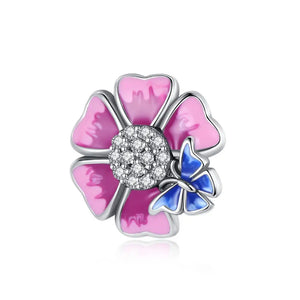 925 Silver Pink Flower Beads Charms for Bracelet
