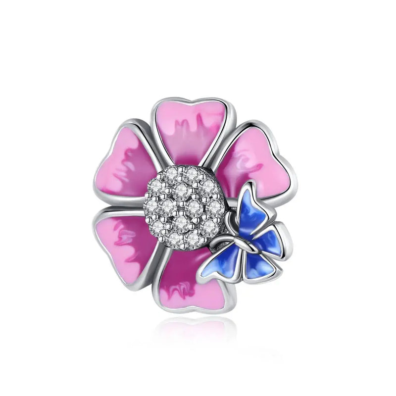 925 Silver Pink Flower Beads Charms for Bracelet