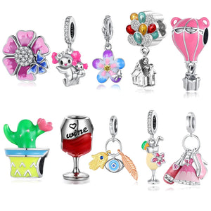 925 Silver Pink Flower Beads Charms for Bracelet