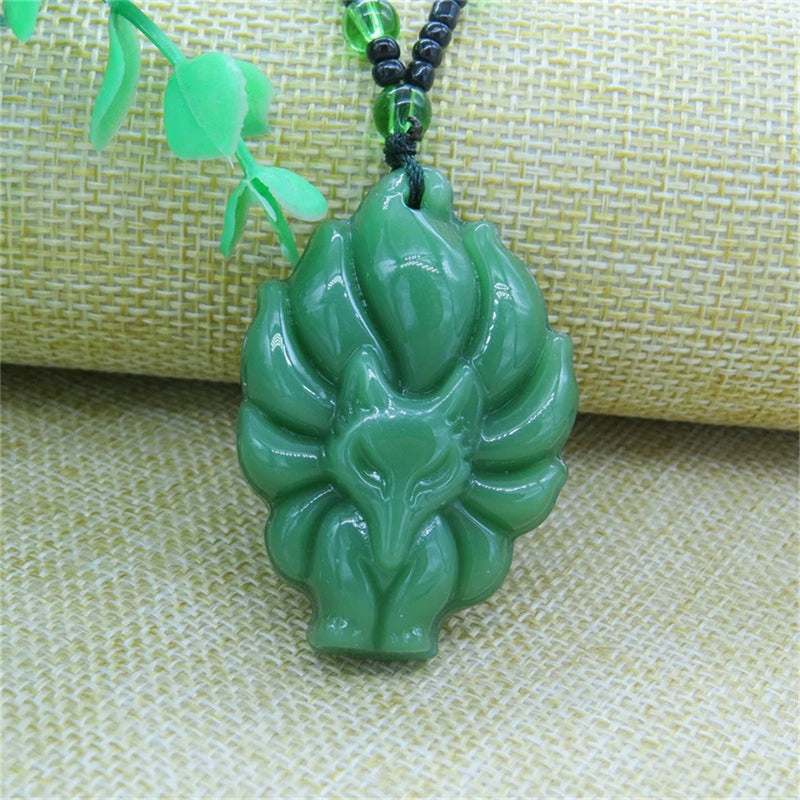 Hand-Carved Nine Tail Fox Jade Pendant Necklace Crystal Amulet