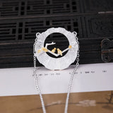 S925 Silver Chinese Style Bird Branch Necklace Hollow Round Pendant