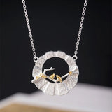 S925 Silver Chinese Style Bird Branch Necklace Hollow Round Pendant