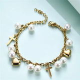Pearl Beads Bracelet Cross Heart Pendant Pulseras For Women