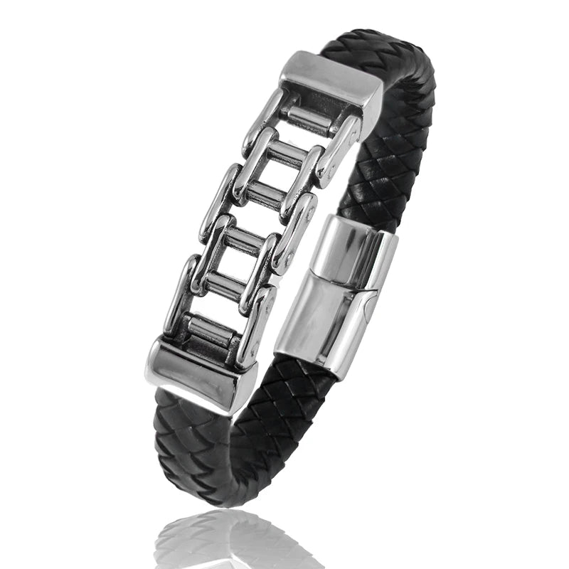 Stainless Steel Men's Leather Bracelet Tower Style Magnet Buckle Christmas Gift