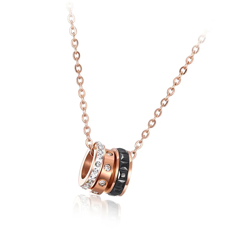 Stainless Steel Round CZ Pendant Necklace Rose Chain Jewelry