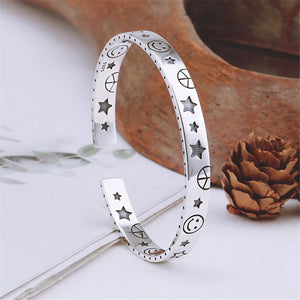 Charm Star Smiling Face Cuff Bangle Tibetan Silver Open Bracelet