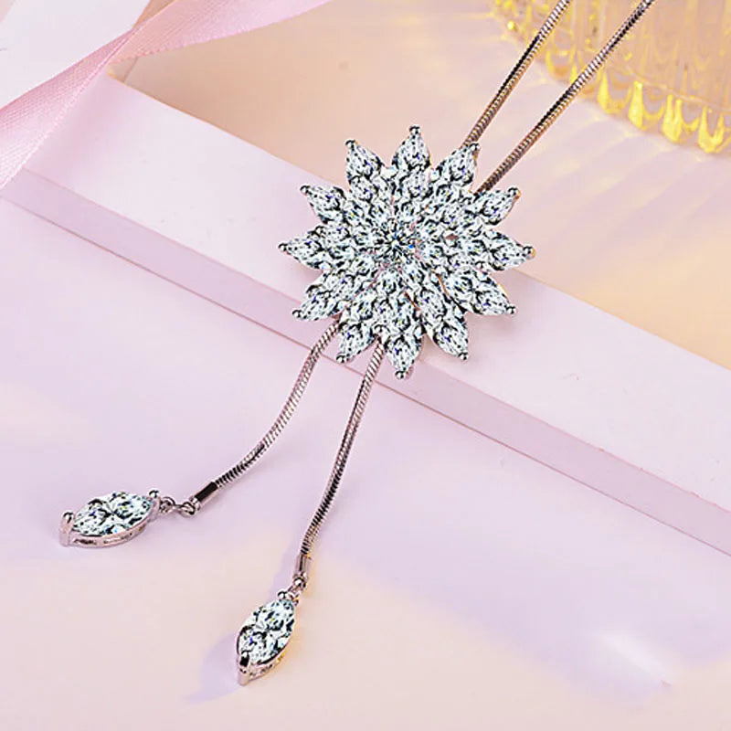Vintage Lady Crystal Snowflake Flower 925 Silver Necklace Christmas Women