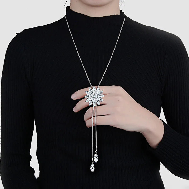 Vintage Lady Crystal Snowflake Flower 925 Silver Necklace Christmas Women