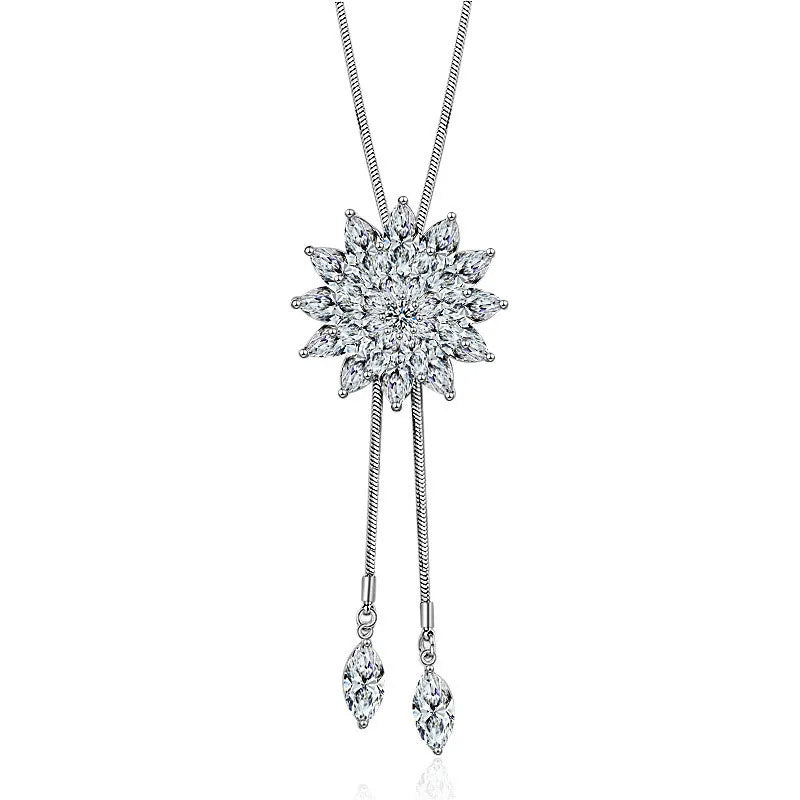 Vintage Lady Crystal Snowflake Flower 925 Silver Necklace Christmas Women