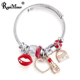 Crystal Bead Women's Bracelet Red Lips Heart Charm Silver Chain Female Jewelry