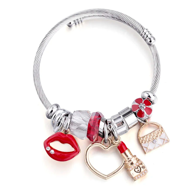 Crystal Bead Women's Bracelet Red Lips Heart Charm Silver Chain Female Jewelry