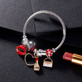 Crystal Bead Women's Bracelet Red Lips Heart Charm Silver Chain Female Jewelry